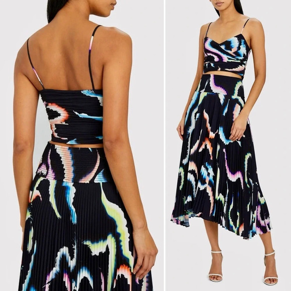 A.L.C. Matching Silk Set Sula Crop Top & Sonali Pleated Midi Skirt Black 0 XS - Picture 15 of 15